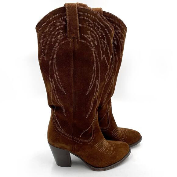 Frye Western Boots Brown Suede Tall‎ Knee High Block Heel Cowgirl Sz 6.5 - Picture 1 of 10